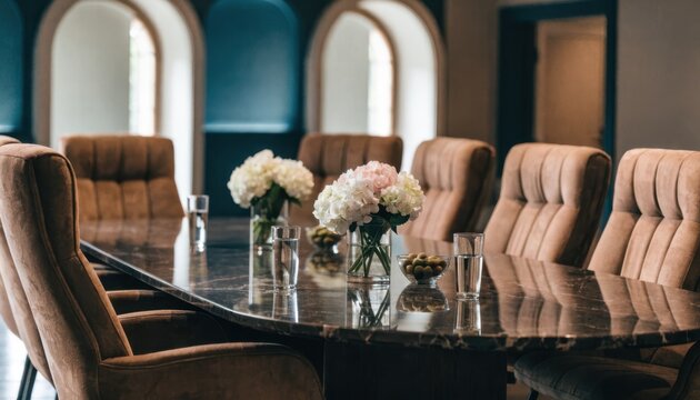 Focused medium shot of a conference table with plush chairs arranged neatly background softly blurred to highlight rentable corporate meeting furniture.