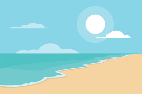 Minimalist beach landscape vector featuring calm turquoise ocean water under clear blue sky with white sun and floating clouds.