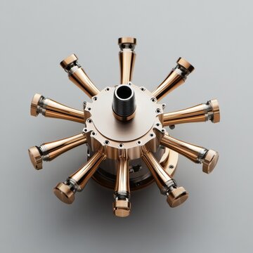 Top-down studio shot of an opulent brass and steel radial engine component, revealing meticulous precision, mechanical art and advanced engineering. Machinery, Craftsmanship