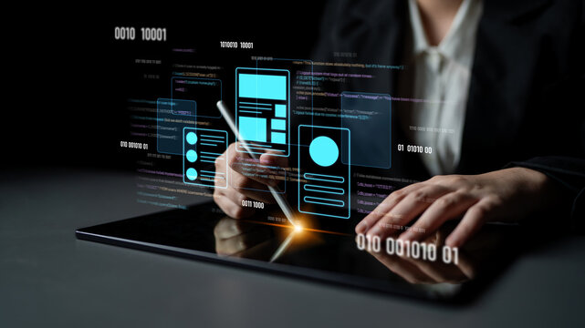 UI UX mockup showing application layout, structure, and code interface. UI design defines user flow, UI design improves clarity, UI design enhances experience, and UX design supports logic. Latch
