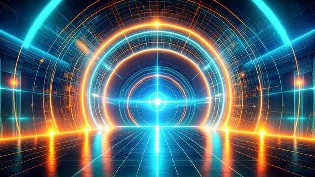 Futuristic tunnel with neon lighting and grid floor, glowing rings