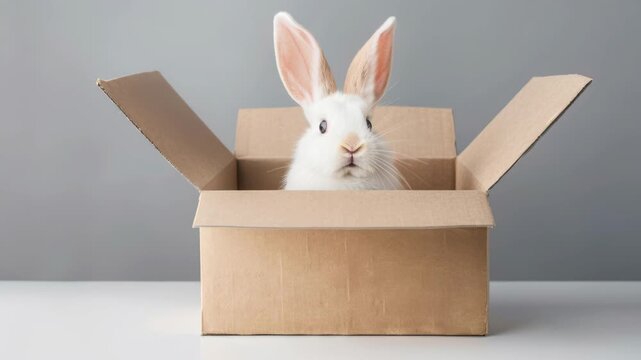 Bunny in a Box: An adorable bunny rabbit peers out from an open cardboard box, curiosity shining in its eyes.  A charming scene that evokes a sense of wonder and playfulness.