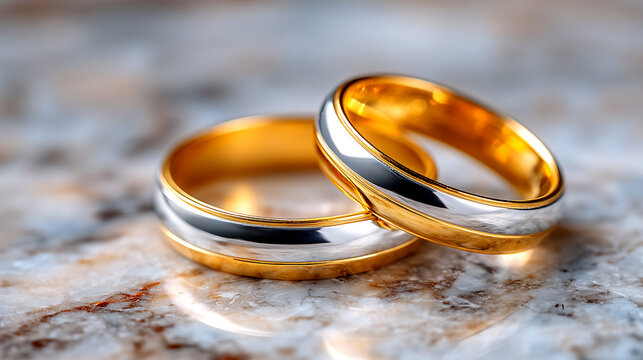 Elegant Gold and Silver Wedding Rings on Marble Surface