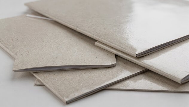 Closeup medium shot showing the smooth glossy surface of compostable report covers with cellulose coating emphasizing sustainable recyclable materials in document presentation.