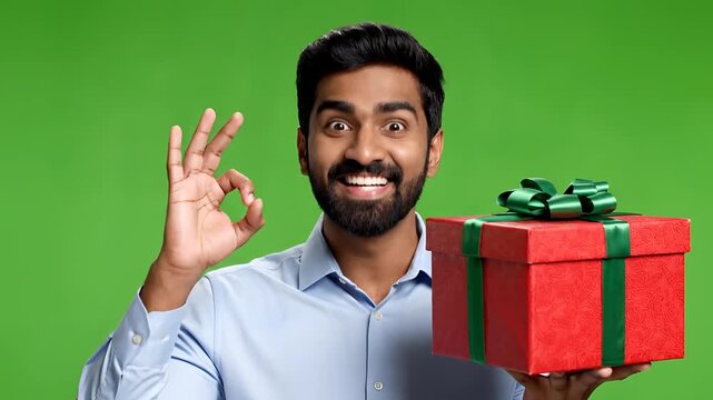 Man Surprised and Happy with Red Gift Box on Green Screen.