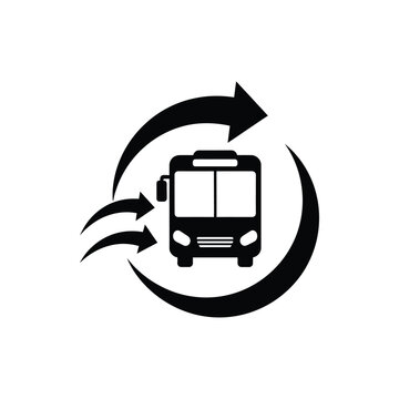 Public transport bus with circular arrows icon, sustainable mobility and eco transportation concept, urban transit system and recycling loop minimalist black vector illustration.