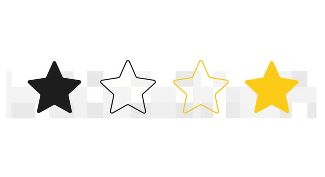 A set of four stars, one filled black, one outlined black, one outlined yellow, and one filled yellow, on a white background