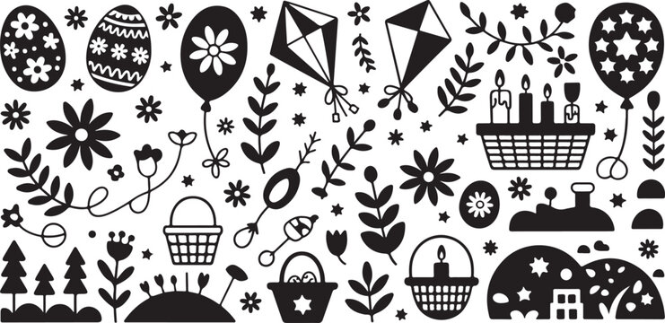 Festive balloon silhouettes with decorative kites and easter baskets for outdoor party celebration and spring holiday graphics.
