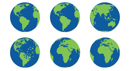 Collection of graphic Earth globes illustrating various global perspectives, showcasing continents and oceans in a clean, minimalist design, ideal for geography and travel themes © Stephen