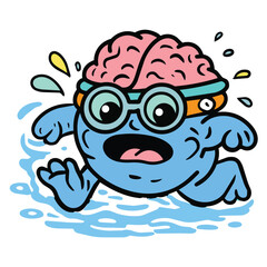 Obraz premium Cartoon brain swimming water splash wearing goggles energetic fun colorful playful character