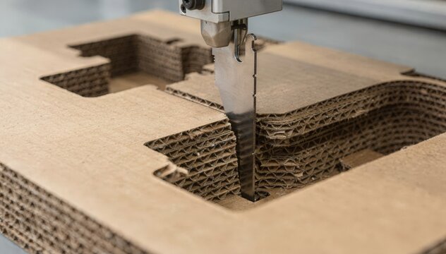 Closeup of precision cutting a corrugated paperboard insert designed to securely hold delicate electronics during shipping in a clean production environment.