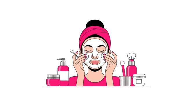 Woman Applying Facial Mask and Skincare Products Illustration, Self Care Beauty Routine Concept with Cosmetic Jars and Bottles