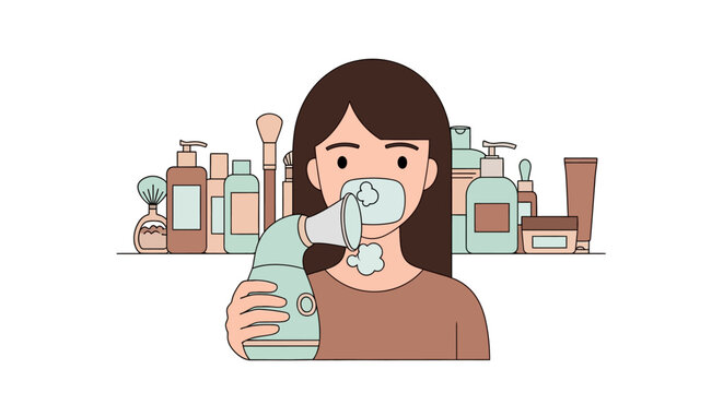 Young Woman Using Facial Steamer Device for Skincare Treatment Illustration, Professional Spa at Home Concept with Beauty Products and Cosmetic Bottles Background