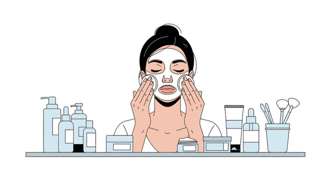 Skincare Routine Illustration of a Woman Applying a Facial Mask with Cosmetic Products and Serums