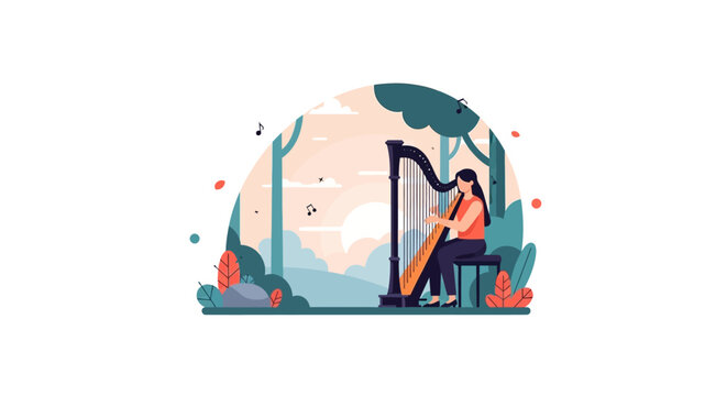 Serene Flat Vector Illustration of a Female Harpist Playing Music in a Peaceful Forest Landscape at Sunrise