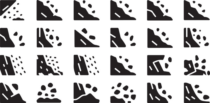 Landslide hazard and rockfall danger icons illustrating mountain erosion and natural disaster warning symbols.