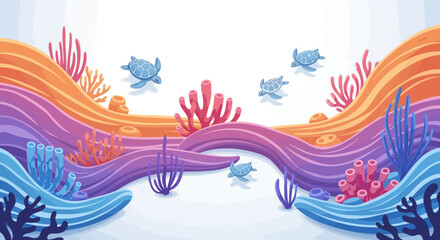Whimsical cartoon illustration of sea turtles swimming among colorful coral reefs and wavy formations in a bright, vibrant underwater scene, creating a playful and inviting atmosphere © Jangkrik