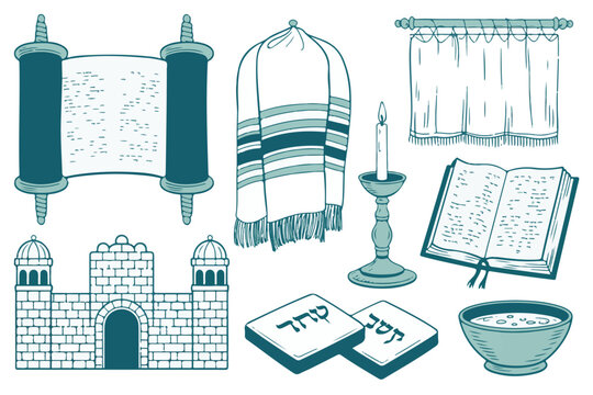 Religious jewish symbols with torah scroll, prayer shawl, western wall, open book, candle, challah bread, bowl.