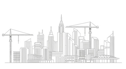 Fototapeta premium Modern Urban Cityscape Line Drawing Featuring Skyscrapers and Construction Cranes, Architectural Illustration of a Developing Metropolis