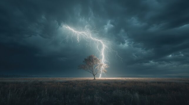 Single tree standing in total isolation as lightning hits it, midnight thunderstorm, dark blue tones, dramatic shadows, cinematic landscape photography style