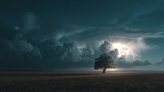 Single tree standing in total isolation as lightning hits it, midnight thunderstorm, dark blue tones, dramatic shadows, cinematic landscape photography style