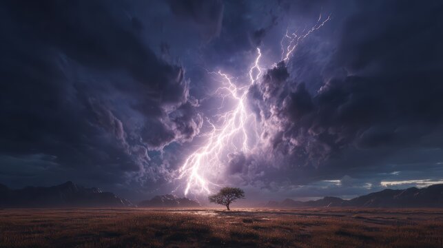 Single tree standing in total isolation as lightning hits it, midnight thunderstorm, dark blue tones, dramatic shadows, cinematic landscape photography style