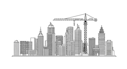 Fototapeta premium Modern City Skyline Line Art Illustration with Construction Crane and Skyscrapers - Urban Development Concept Vector