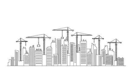 Obraz premium City Skyline Under Construction with Tower Cranes Outline Illustration, Urban Development and Architecture Vector Design
