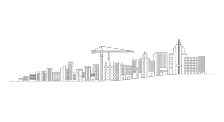 Obraz premium Minimalist City Skyline Line Art with Construction Crane and Skyscrapers Illustration