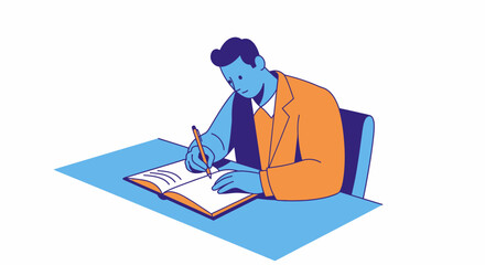 Obraz premium Stylized Illustration of a Man Writing in a Notebook at a Desk, Flat Vector Art Concept for Productivity, Education, and Creative Planning