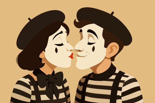 Couple of French mimes. Vector illustration in retro style
