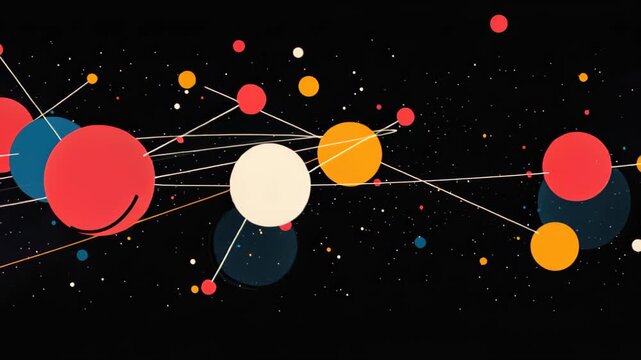 Connected Network: An abstract illustration showcasing an interconnected network of colorful circles and lines against a dark background, symbolizing connection, communication and the digital world.