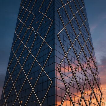 Modern Skyscraper with Geometric Gold Inlay at Sunset