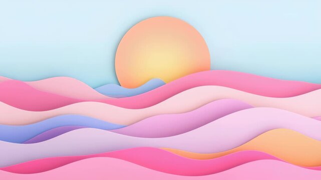 Abstract Sunset Waves: A captivating artistic rendition of a sunset, featuring layers of undulating waves in pastel hues with sun, evoking feelings of serenity and peace.