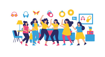 Fototapeta premium Group of Happy Women Dancing at a Home Party Flat Vector Illustration. Diverse Female Friends Celebrating in a Living Room with Colorful Accessories and Modern Interior Design.