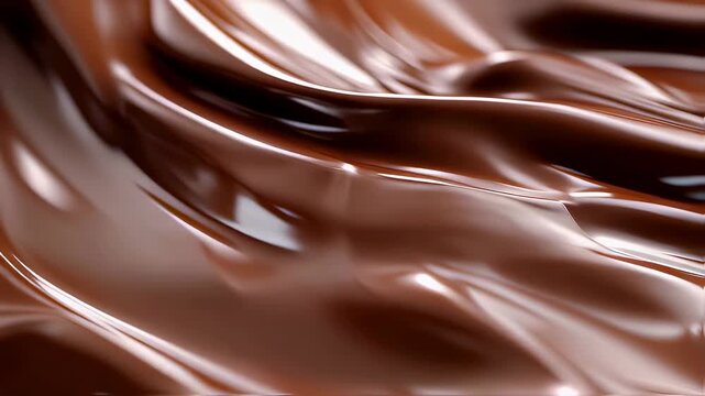 Molten chocolate flowing in liquid waves. Abstract food texture with glossy dark cocoa surface. Sweet dessert ingredient movement for culinary bakery advertisement.