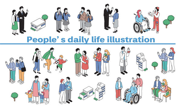 アイソメトリック構図の人々の暮らしのイラストセット