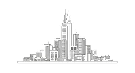 Fototapeta premium Minimalist City Skyline Line Art - Modern Urban Landscape Outline Vector with Skyscrapers and Buildings for Architectural Design, Real Estate, and Urban Development