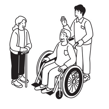 車椅子に乗る高齢者と介護士のイラスト