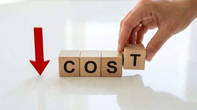 Hand placing wooden block completing the word COST next to a red downward arrow symbol representing cost reduction decrease saving expense financial economy business strategy