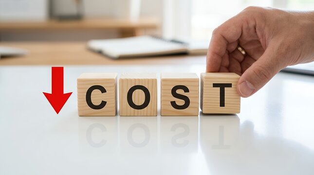 A person's hand places the final wooden block spelling out COST next to a downward red arrow signifying cost reduction decreasing expenses financial management saving money