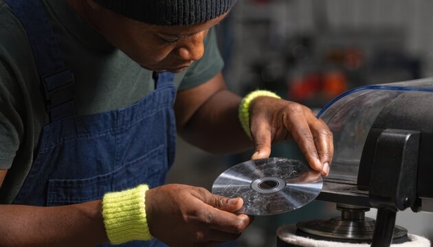 Medium shot showing a worker loading a scratched Bluray disc into a resurfacing machine highlighting the focused hands and outoffocus workshop details behind.
