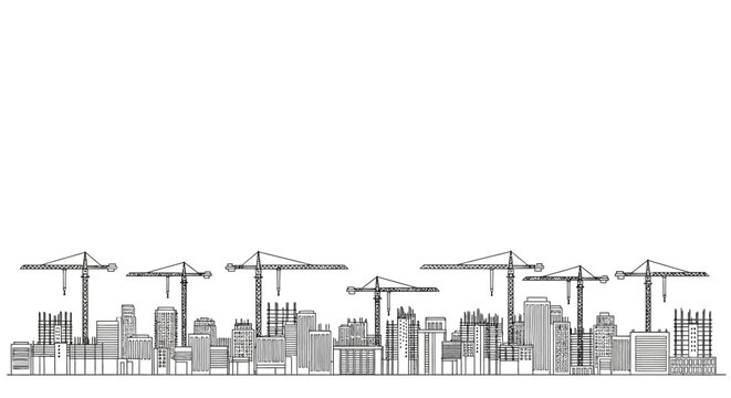 Minimalist City Construction Skyline Line Art Sketch with Tower Cranes and Skyscrapers under Development