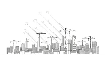 Obraz premium City Skyline Construction Line Art with Cranes and Digital Data Symbols. Minimalist urban development and architectural planning concept illustration on white background.