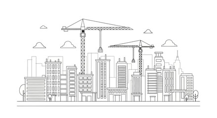 Obraz premium City Construction Skyline with Cranes and Skyscrapers Line Art Illustration