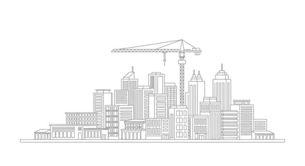 Fototapeta premium Minimalist City Skyline Under Construction Line Art, Urban Development Architecture with Skyscrapers and Tower Crane Outline