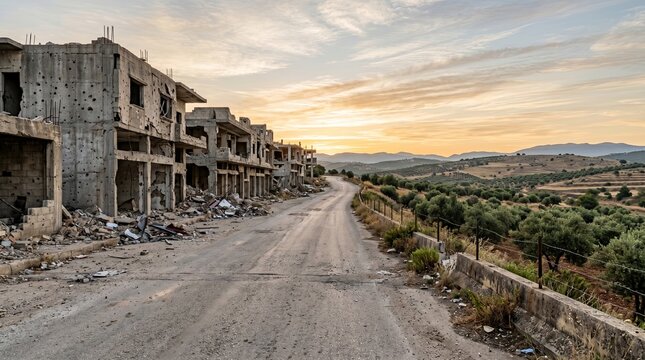 Empty border road in southern Lebanon at sunrise with damaged buildings fragile ceasefire concept