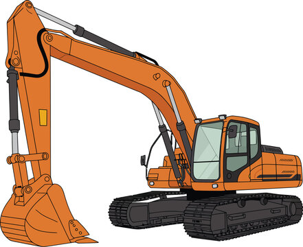 Tracked excavator illustration, construction vehicle on caterpillar base for building projects, engineering, and industrial machinery design.