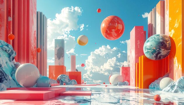 Abstract surreal cityscape with floating orbs and textured blocks