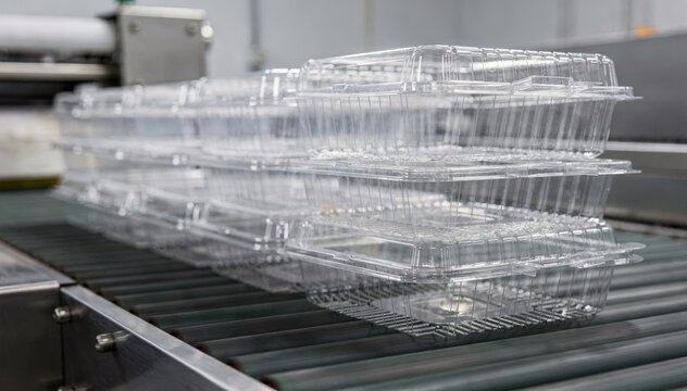 Medium shot of shallow thermoformed clamshell salad boxes stacked on conveyor showcasing delicate plastic heating and hinged formation for light food packaging.